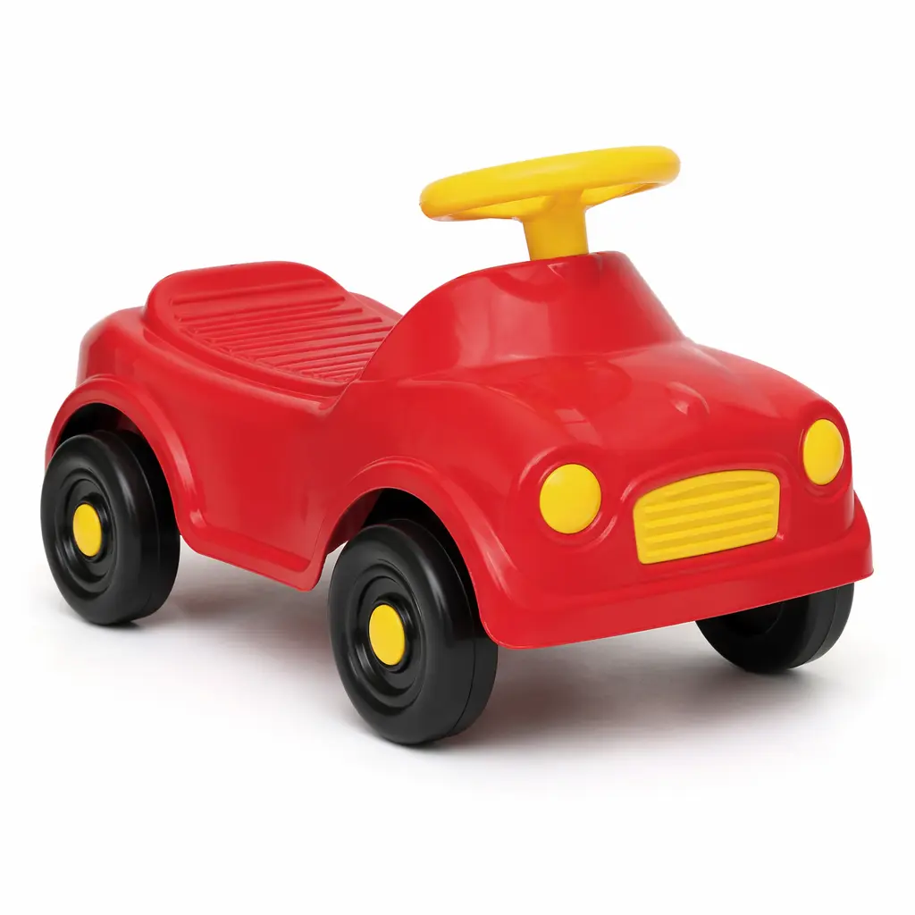 A classic-style red foot-powered toddler ride-on car photographed in a studio