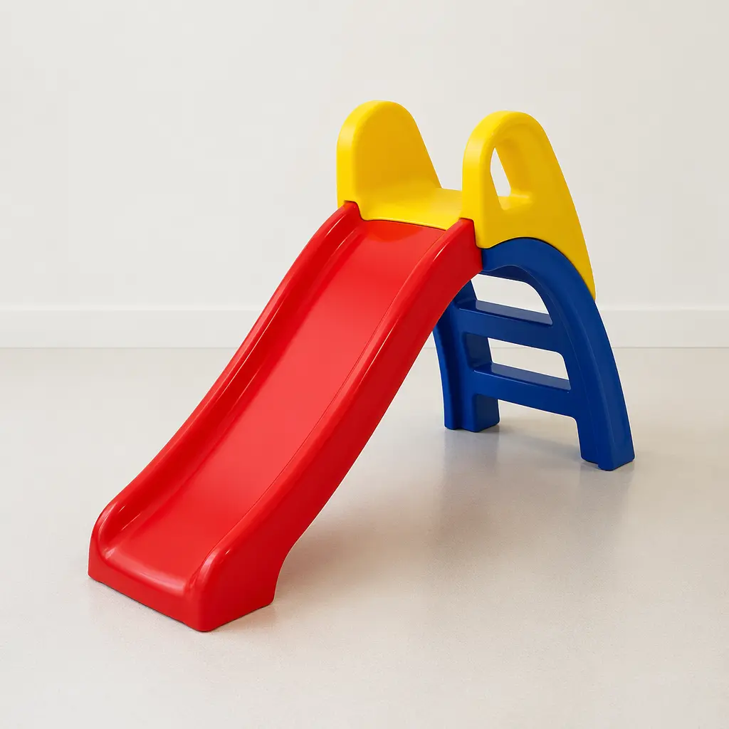 A simple plastic toddler slide with molded steps and a gentle slope