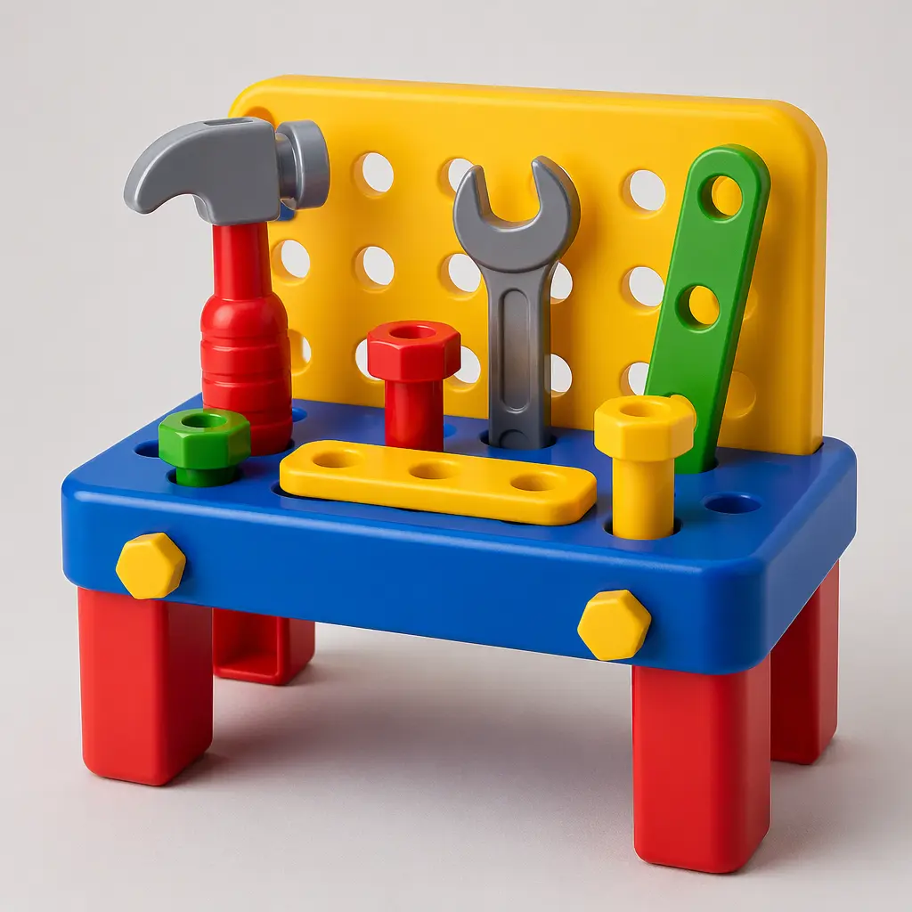 A colourful plastic toy tool bench with oversized tools arranged neatly