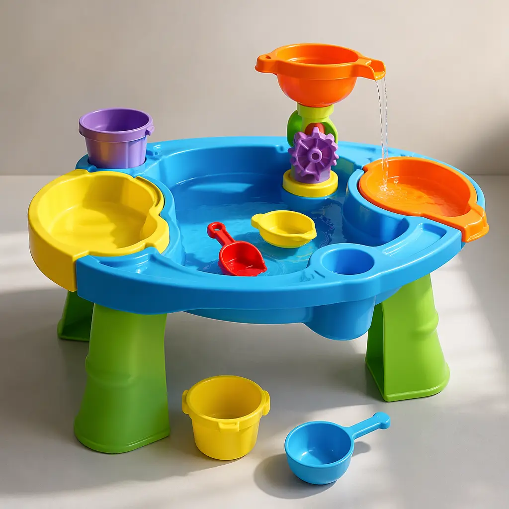 A colorful toddler water table with shallow basins and simple scoops