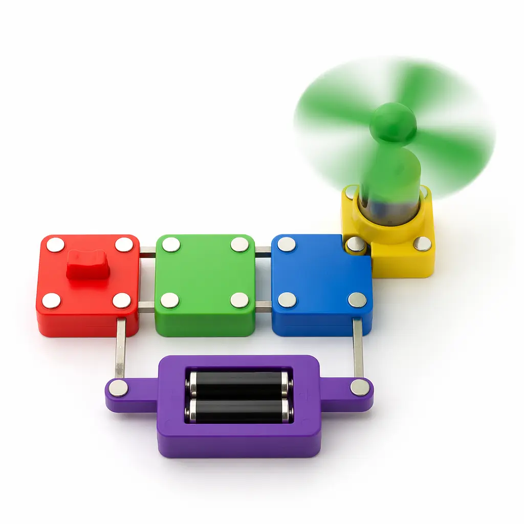 Snap-together electronic blocks connected to make a simple circuit