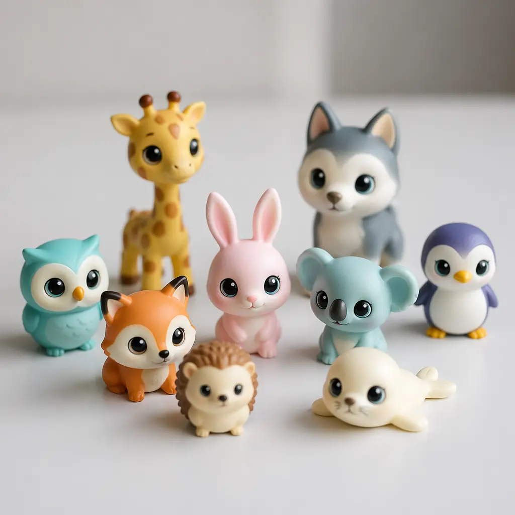 Small pastel animal figurines with large expressive eyes arranged on a tabletop
