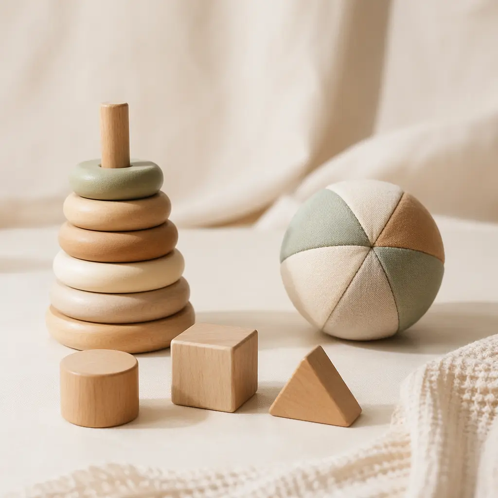 A minimalist wooden baby play kit with simple shapes and soft colours