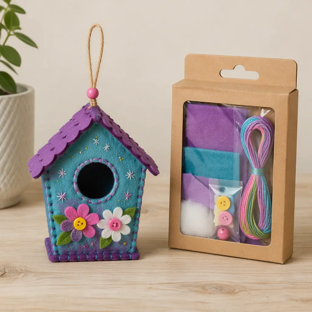 Finished kids craft next to a compact art kit