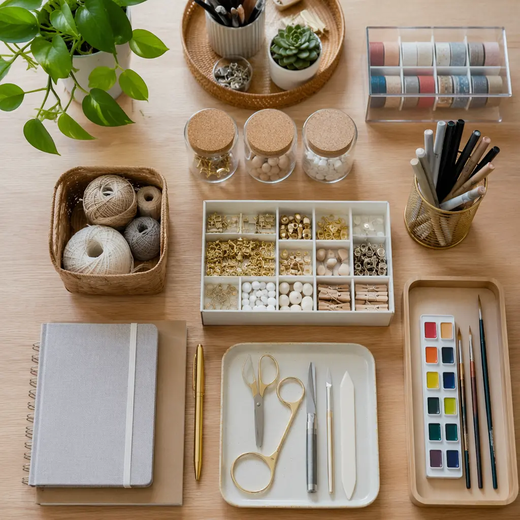 Organized craft workspace with small art supplies