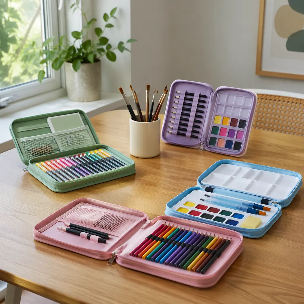 Affordable art kits neatly arranged on a table in soft natural light