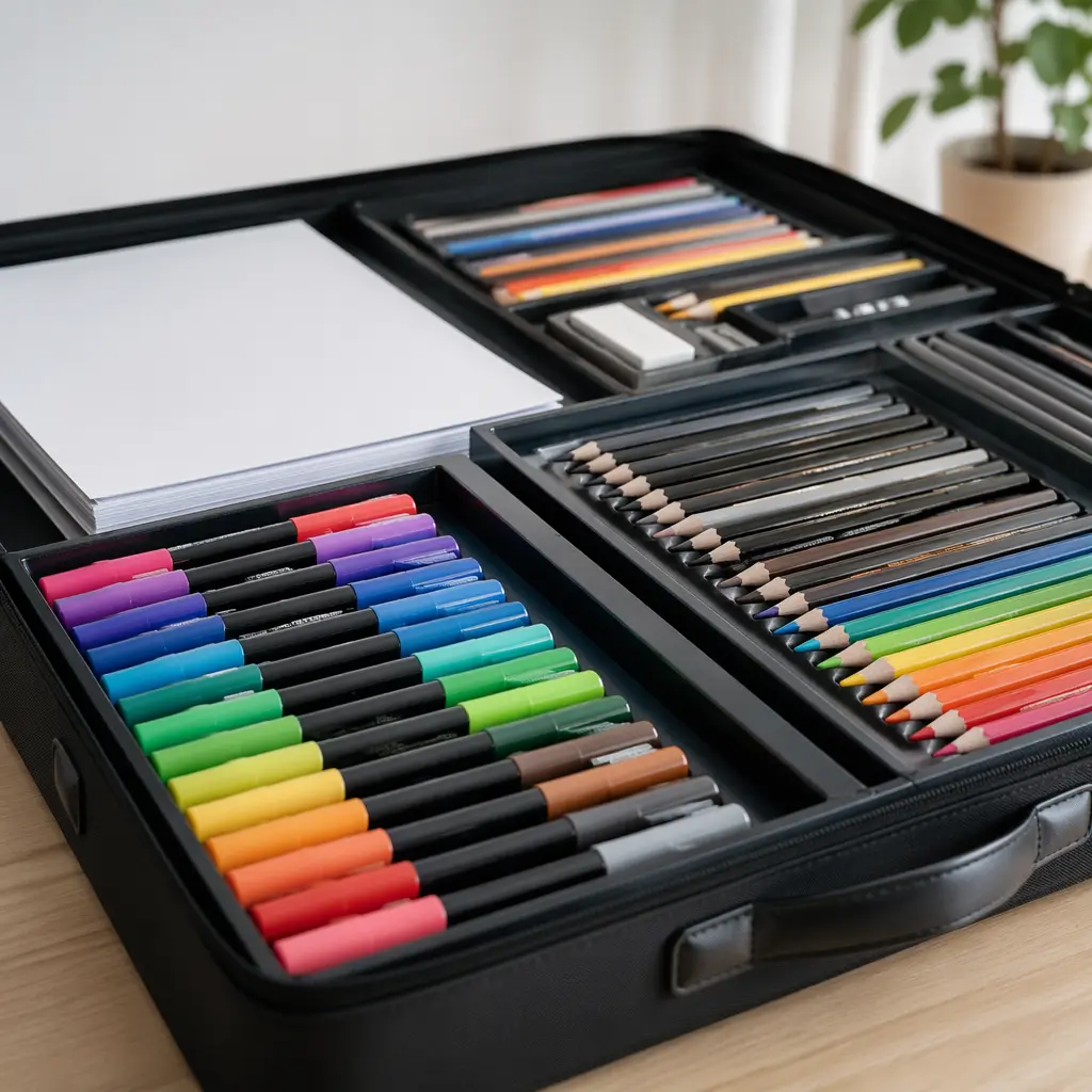 Art kit with organized compartments that reduce setup time and mess