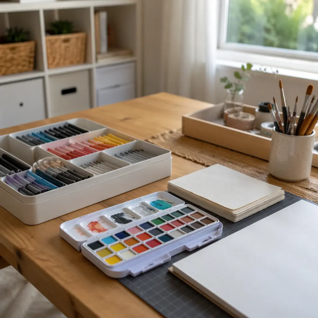Organized art supplies on a clean table designed for independent creative play