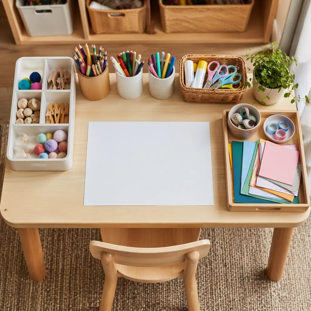 Organized craft supplies arranged neatly on a desk