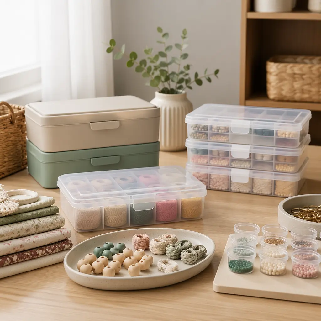 Neatly organized low-mess art kits on a clean table