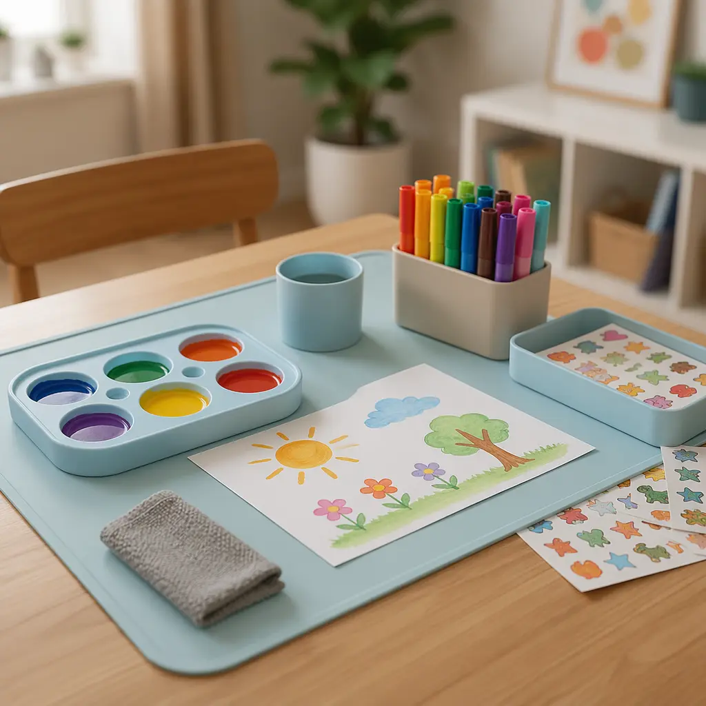 Neat, low-mess art supplies arranged on a table for independent kids’ crafting