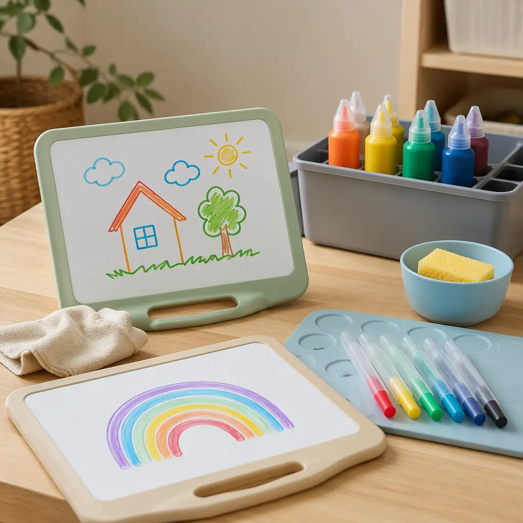 Low-mess art station with contained supplies and wipe-clean surfaces