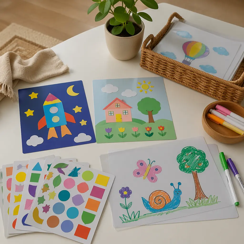Finished low-mess art projects displayed on a clean table