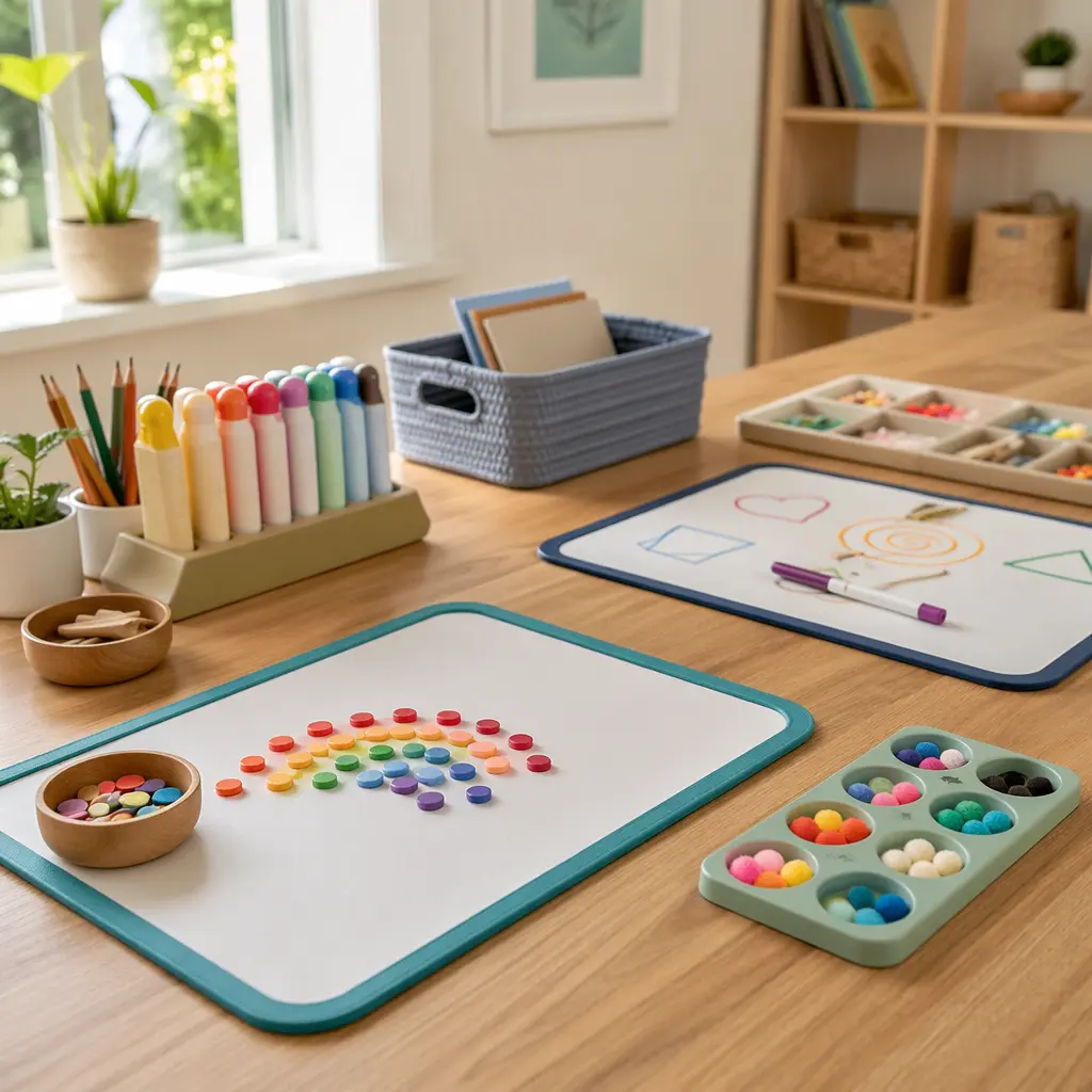 Neat craft table with low-mess art supplies arranged for kids