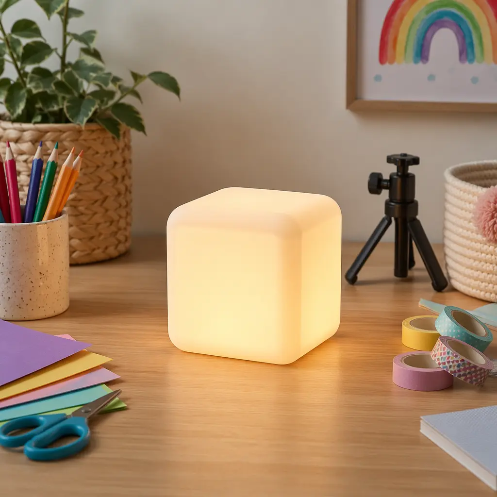A small kid-safe LED light cube used for creative play on a desk