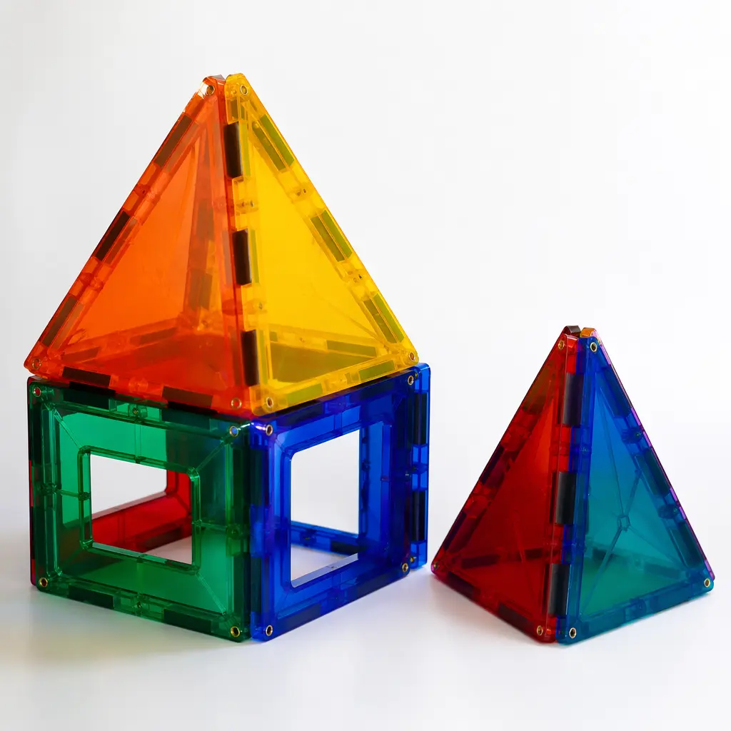 Colorful magnetic geometric tiles assembled into sturdy 3D shapes