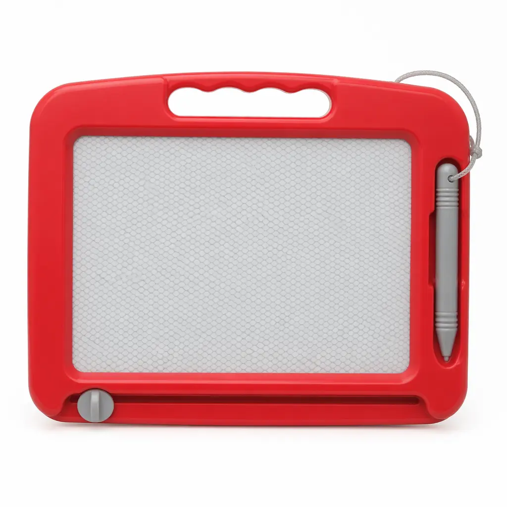 A classic magnetic drawing board with a pen used to sketch simple shapes