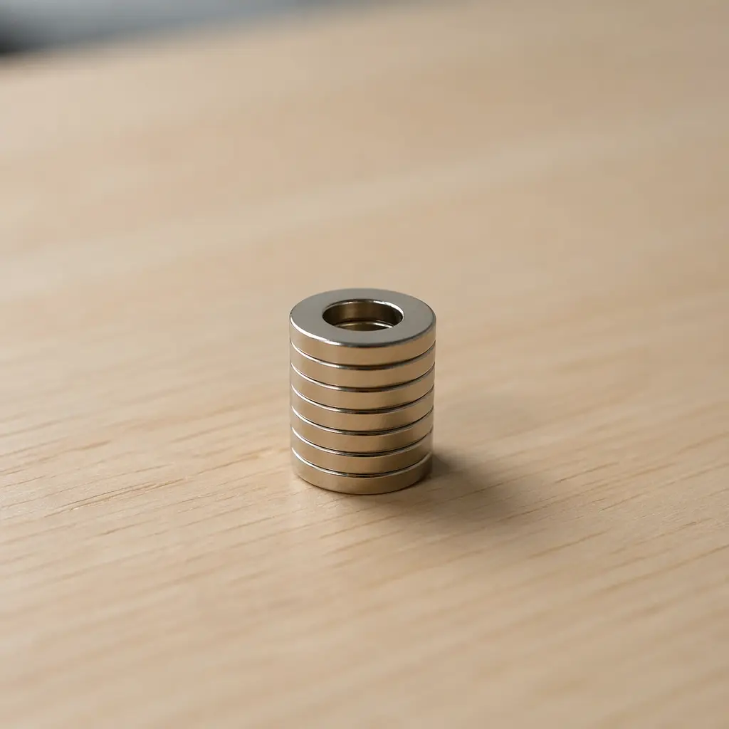 A stack of simple metallic magnetic fidget rings on a desk