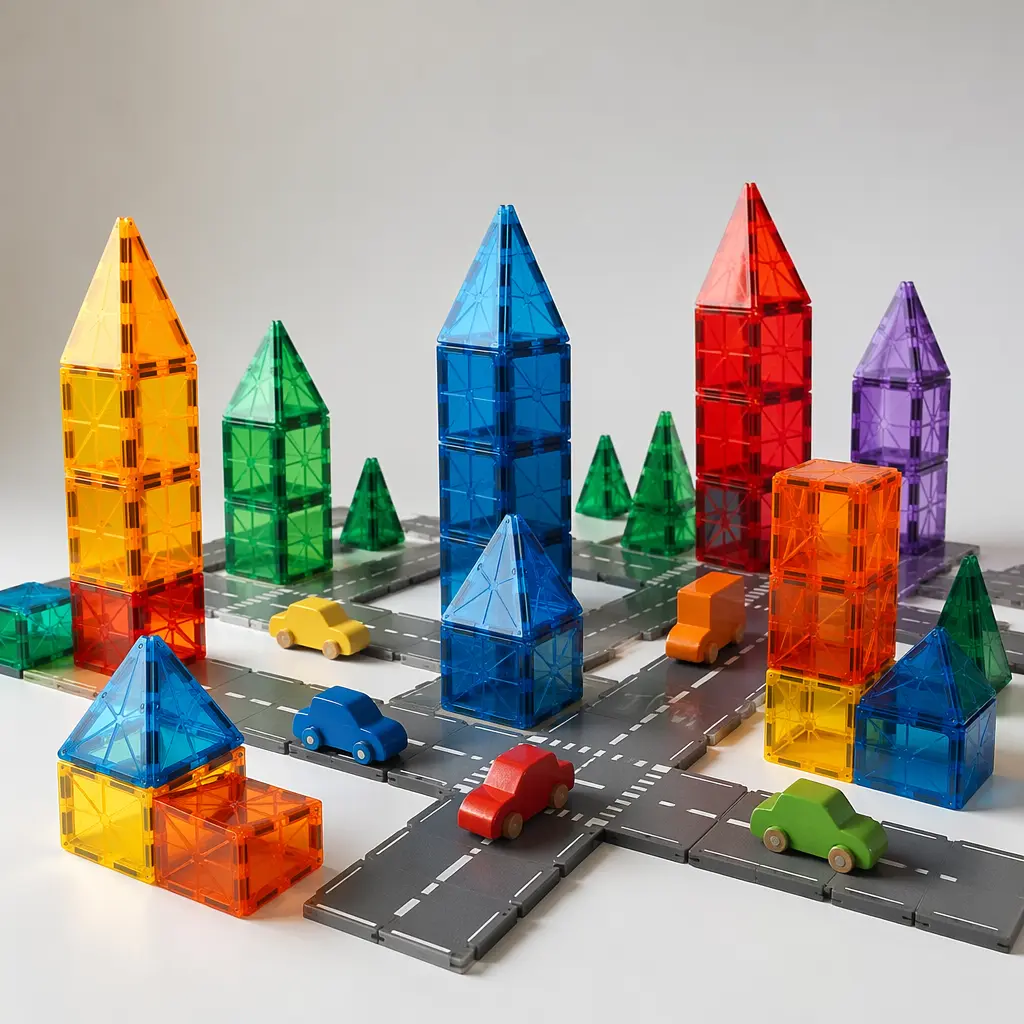 A colourful magnetic tile city with road pieces and small cars