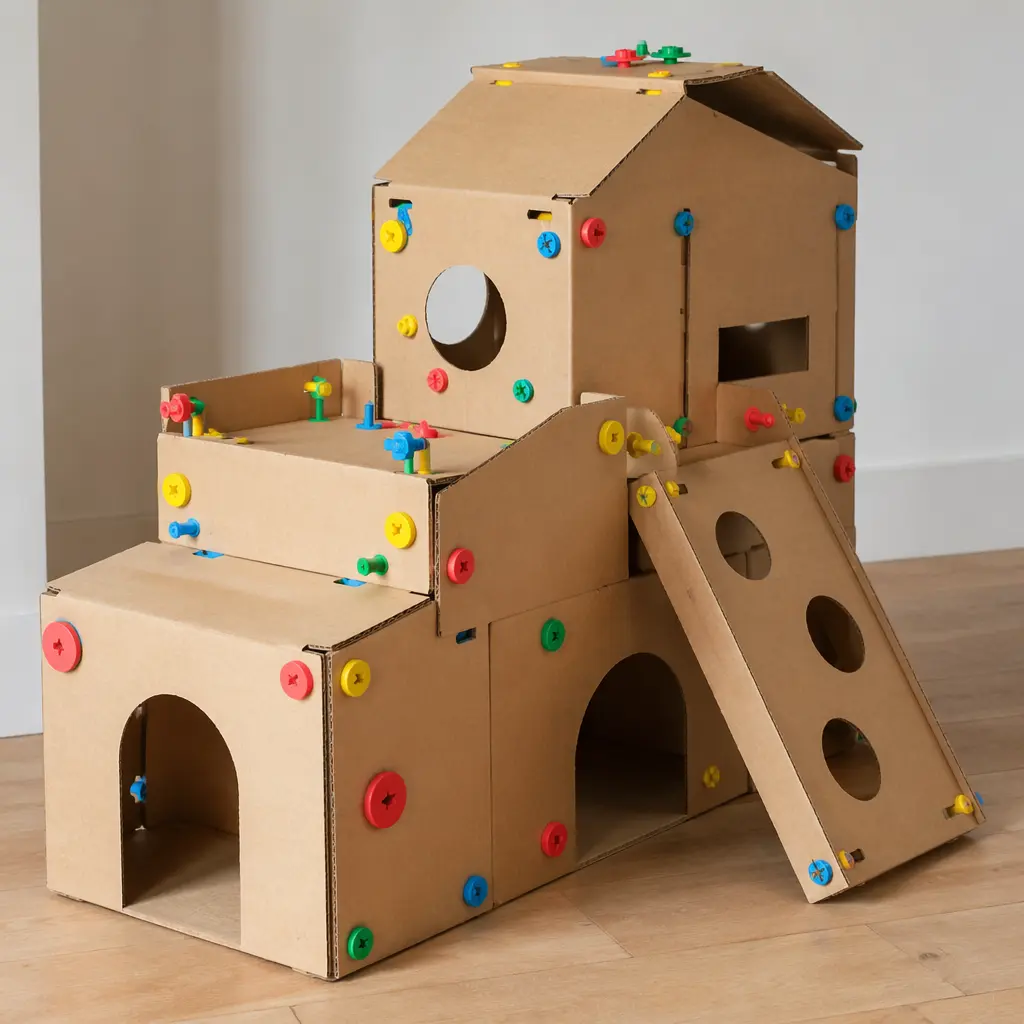 A large cardboard structure built from recycled boxes using colorful plastic connectors.