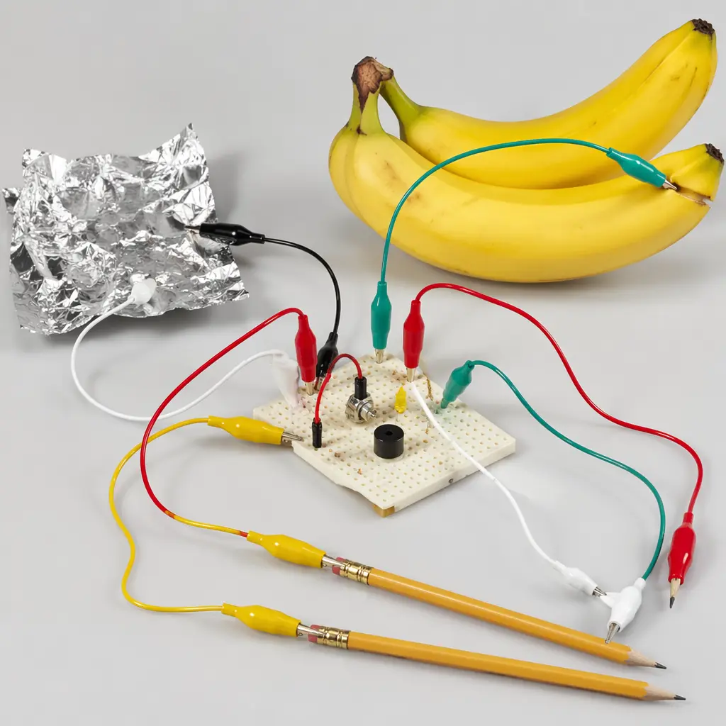 An invention kit board connected to bananas and pencils acting as computer inputs