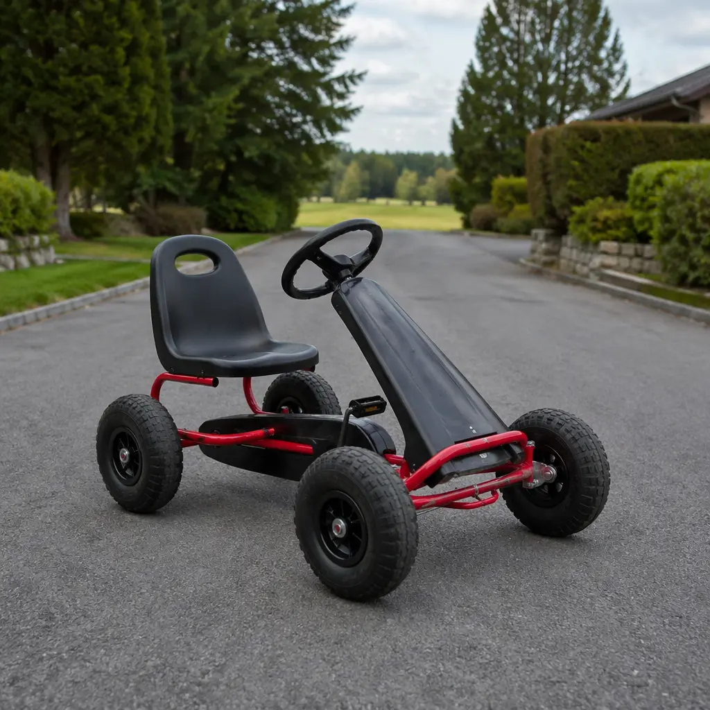 Manual pedal go-kart on an empty driveway