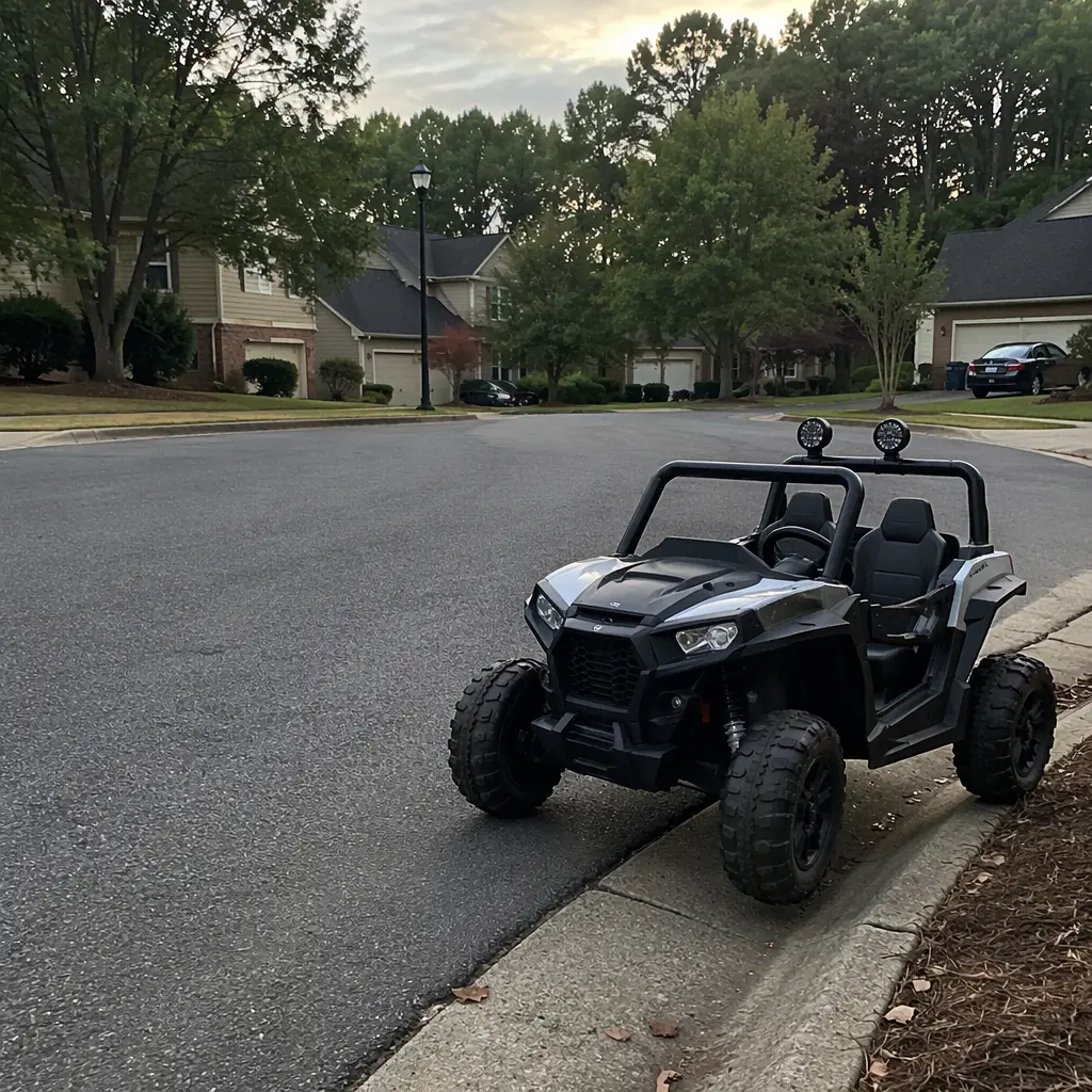 Electric ride-on vehicle parked on a quiet street