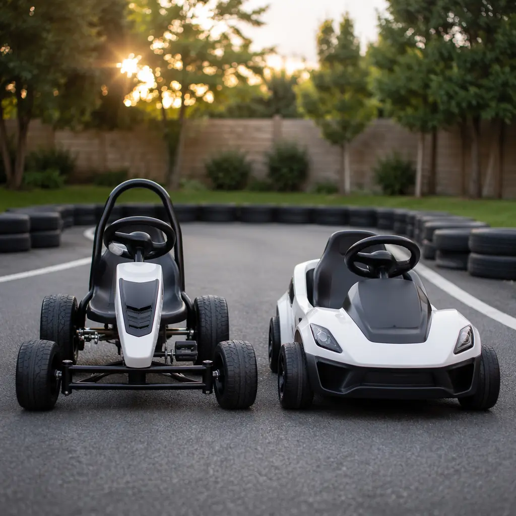 Manual pedal go-kart and electric ride-on parked outdoors for comparison