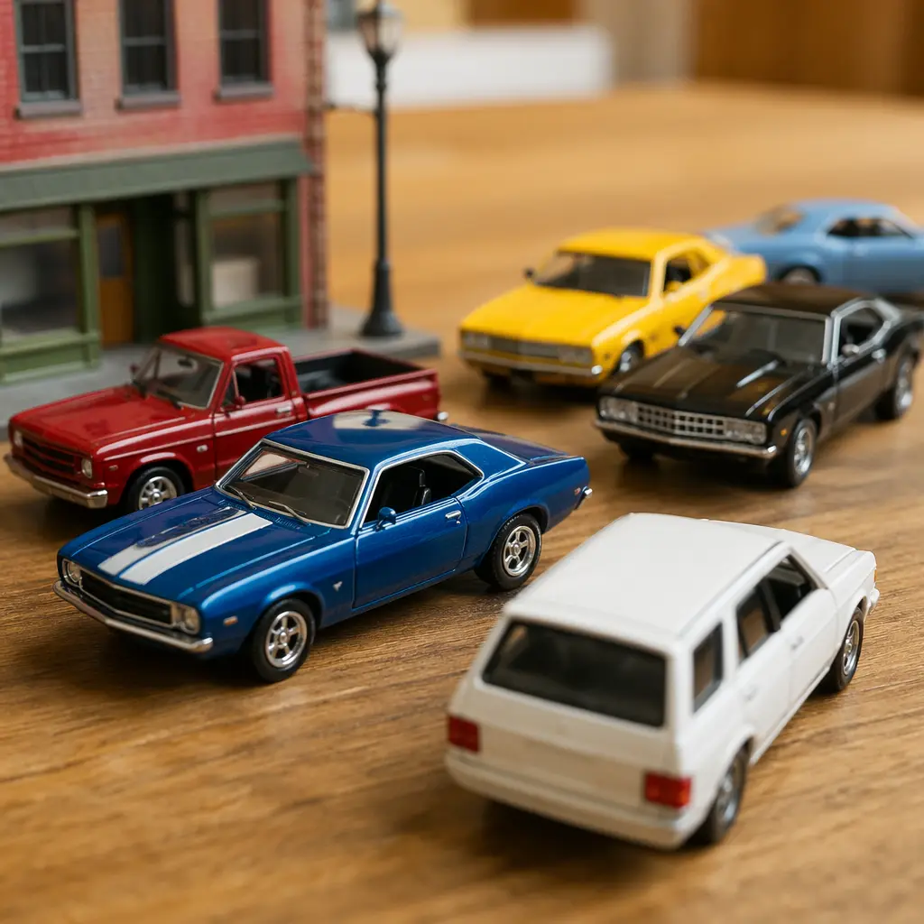 A group of small die-cast toy cars set up like a tiny street scene on a table
