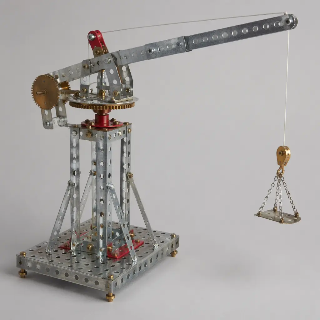 A metal construction set assembled into a small crane, showing perforated strips and gears