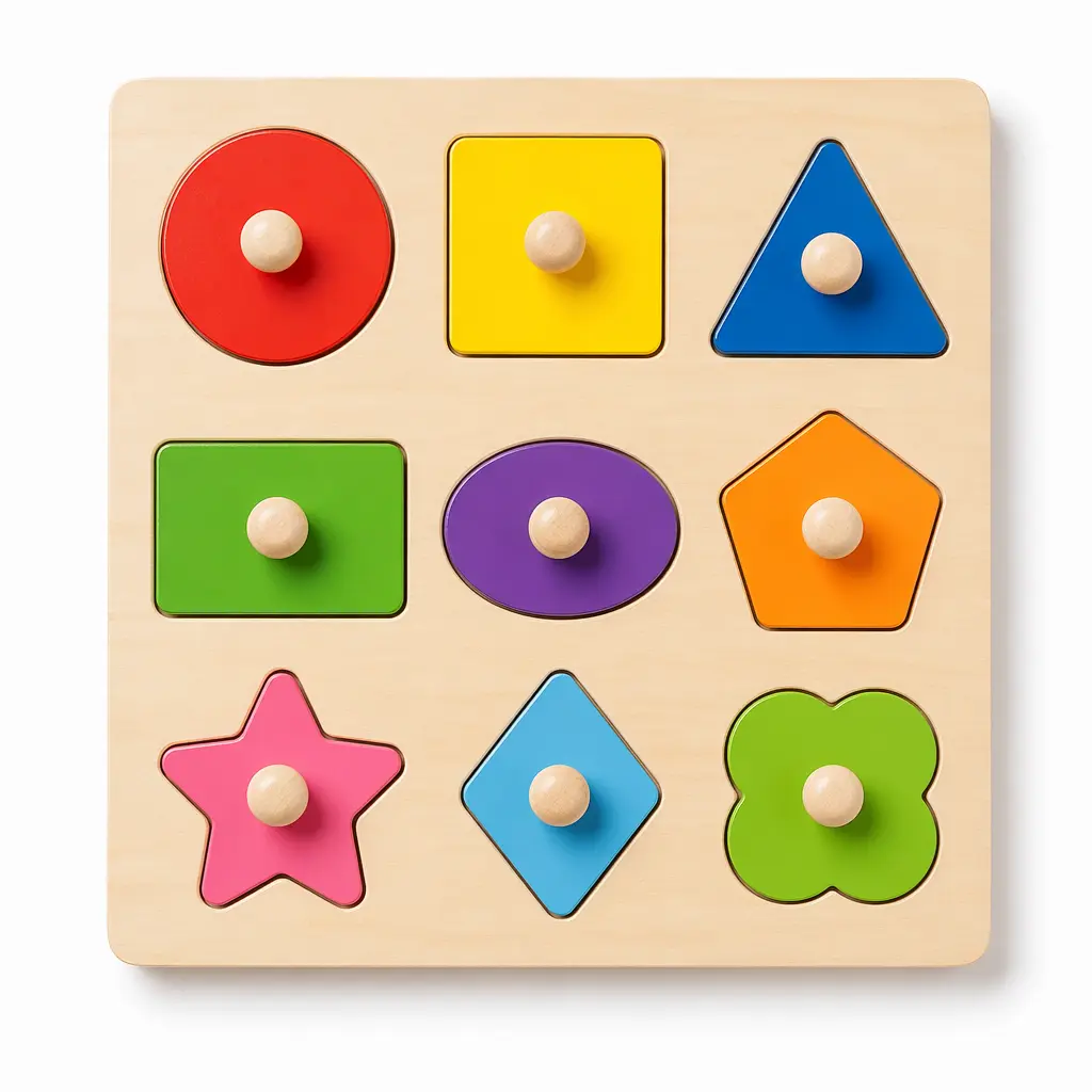 A sturdy wooden peg puzzle with colorful shapes on a plain background