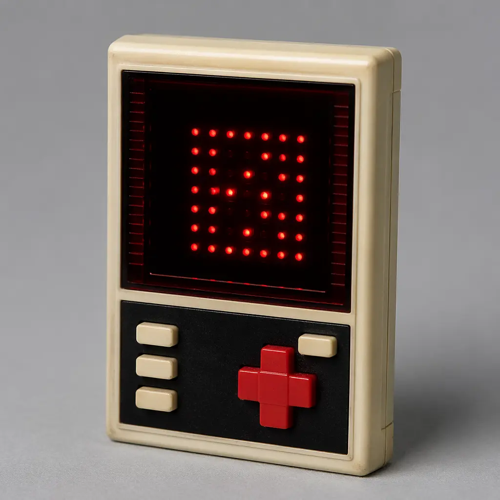A vintage handheld electronic game with glowing red lights and tactile buttons
