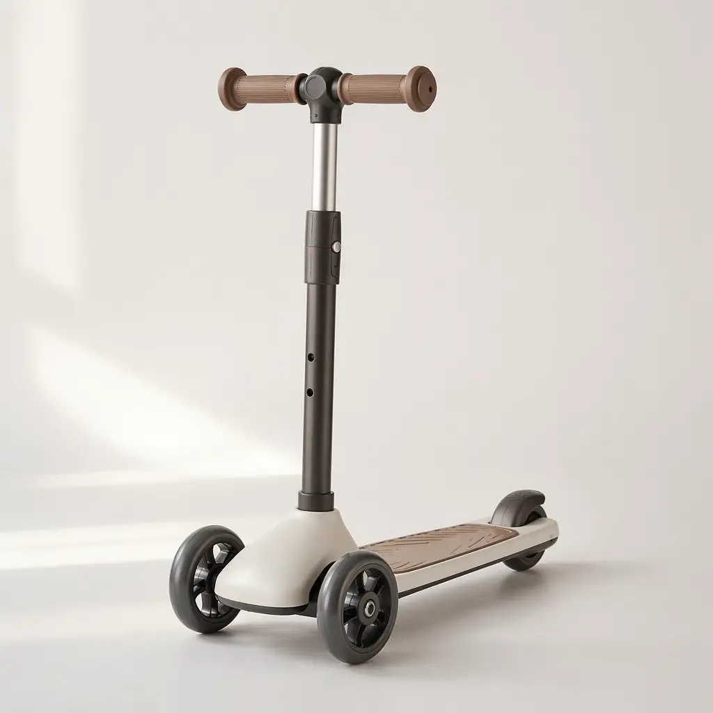 A modern three-wheeled children's scooter with a wide deck and adjustable handlebar