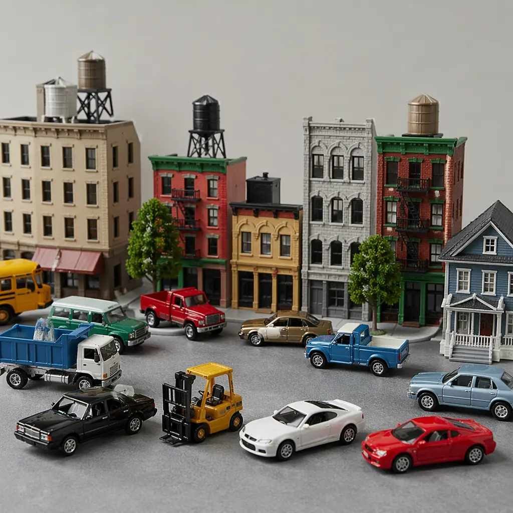 A collection of tiny die-cast toy vehicles arranged as a miniature city