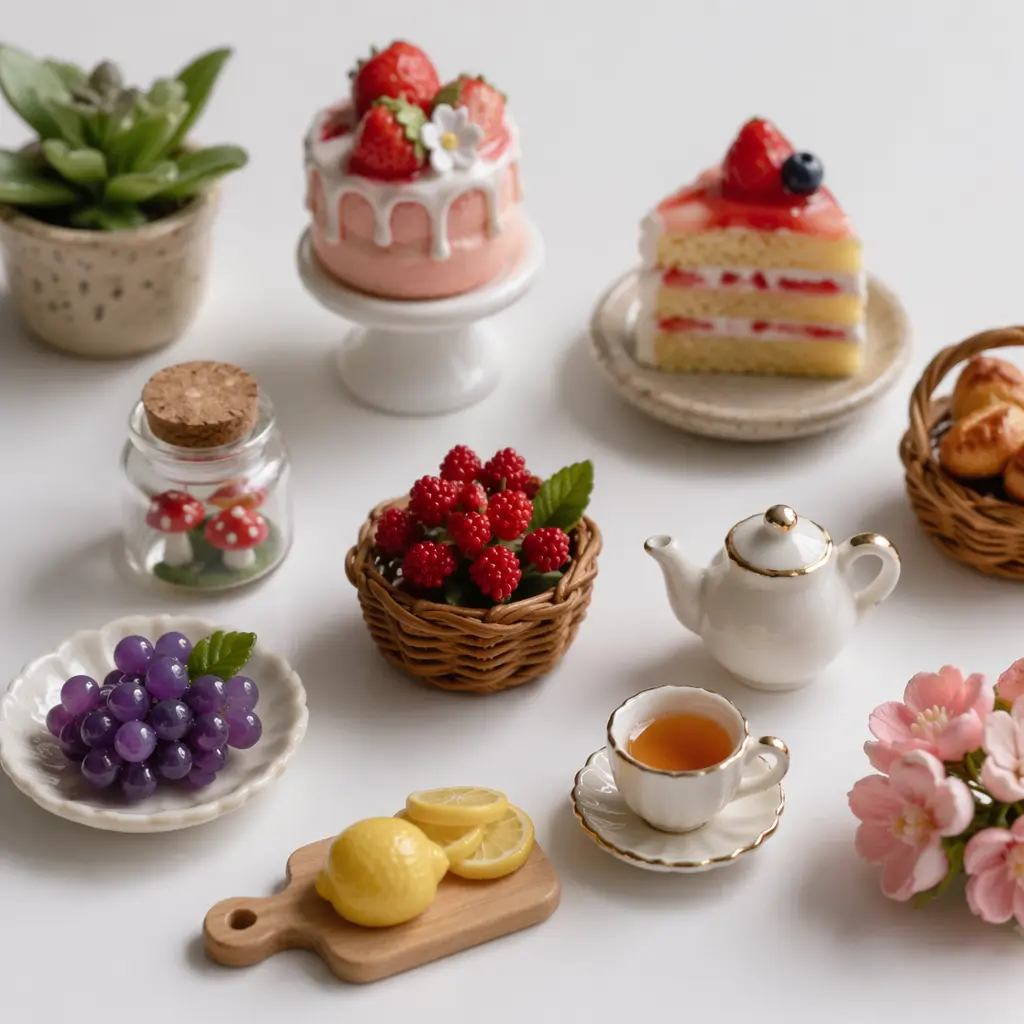 Assorted tiny DIY resin miniatures arranged neatly on a white tabletop