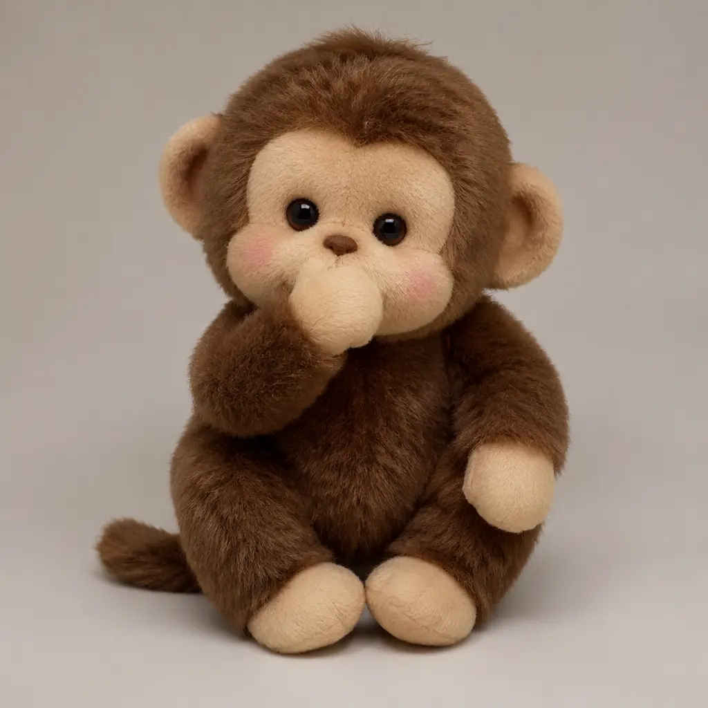 A soft plush monkey-style comfort toy posed in a studio setting