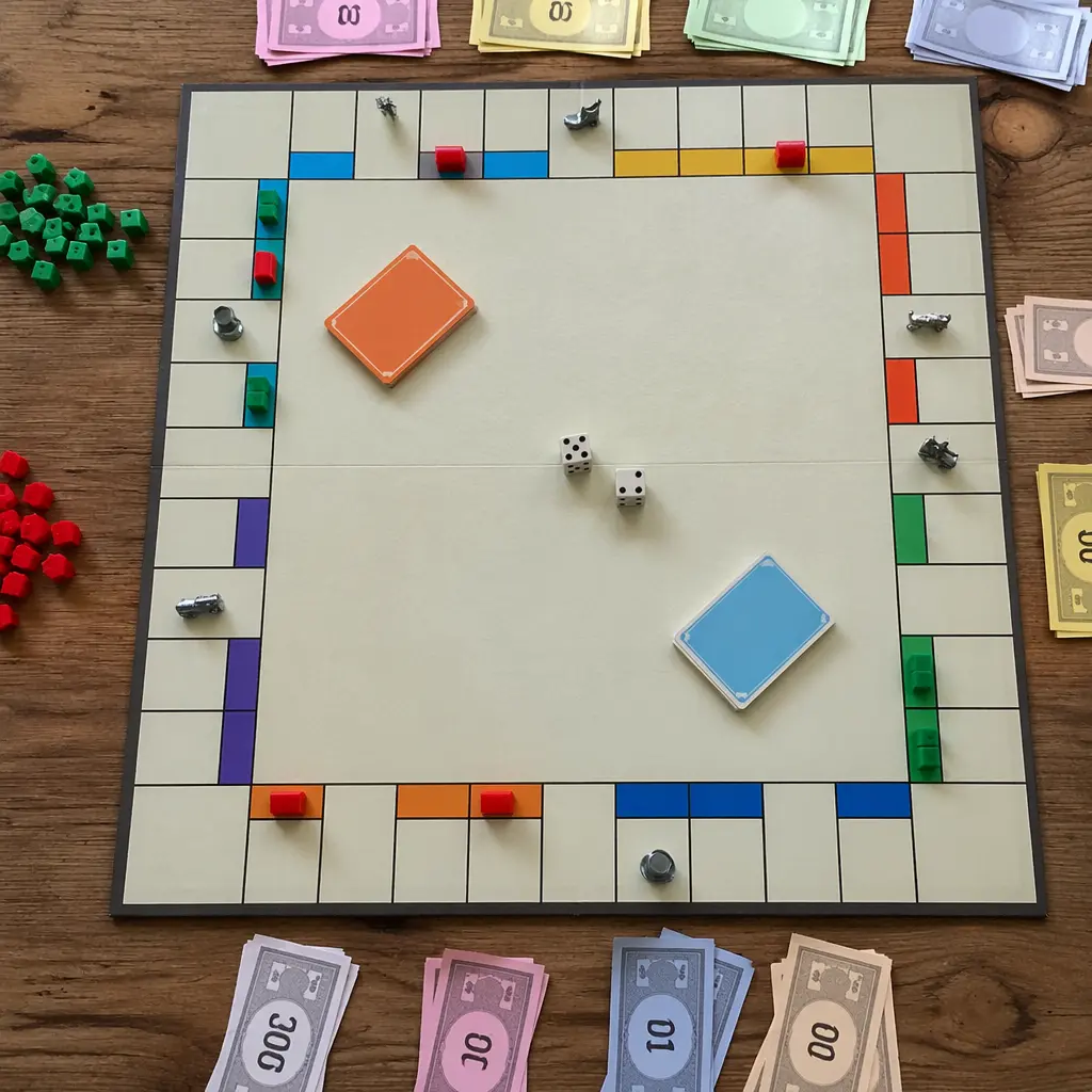 A classic property trading board game set up with money, dice, and small tokens