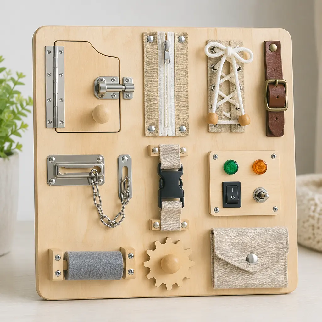 A wooden Montessori-style busy board with latches, zippers, and switches