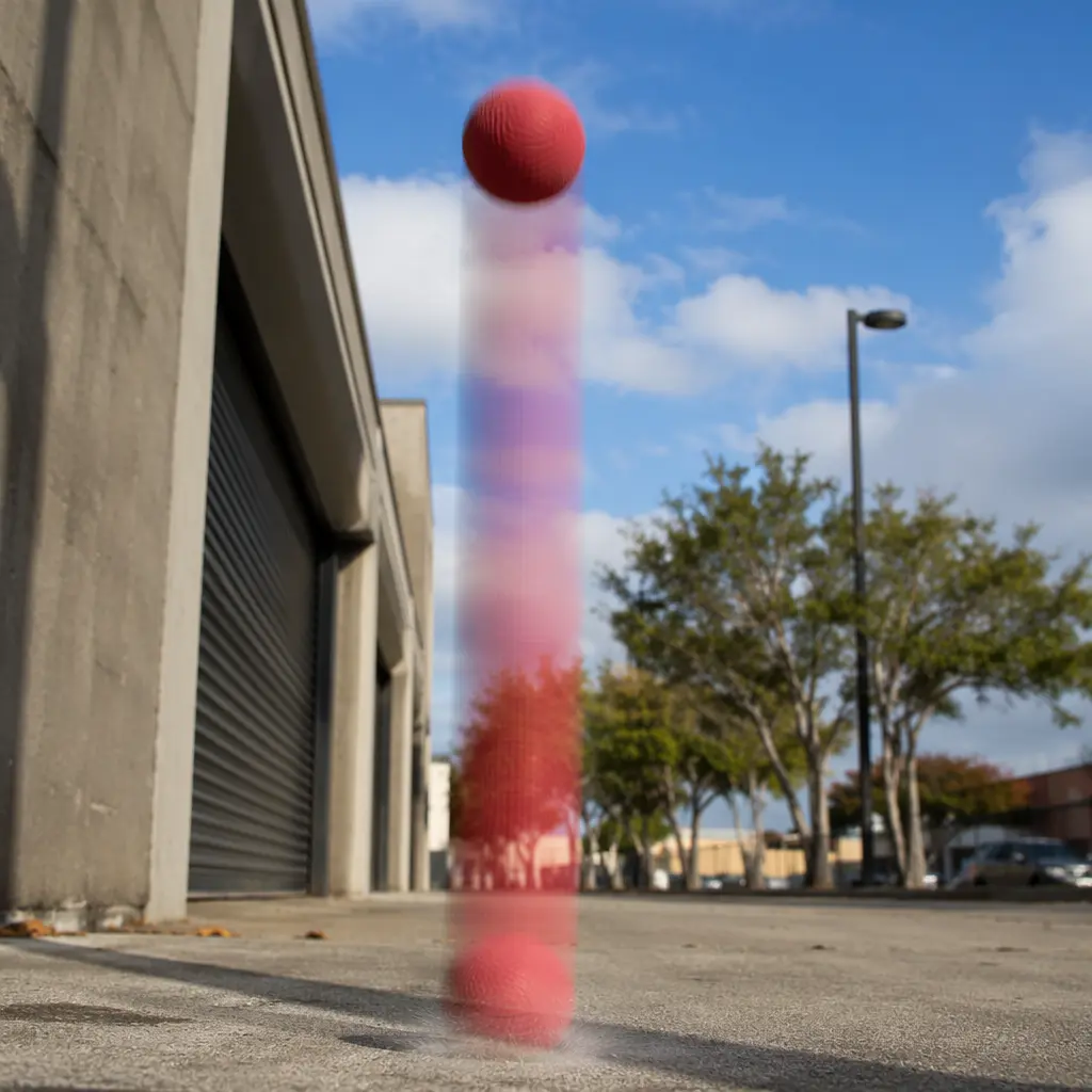 A small rubber ball rebounding high off a concrete surface outdoors