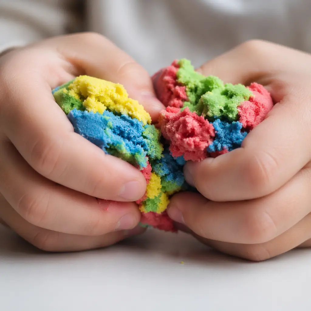 Colorful crumbly modeling compound being squeezed and shaped by hands