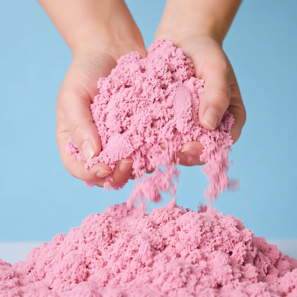 Close-up of moldable sand crumbling and reforming in hands