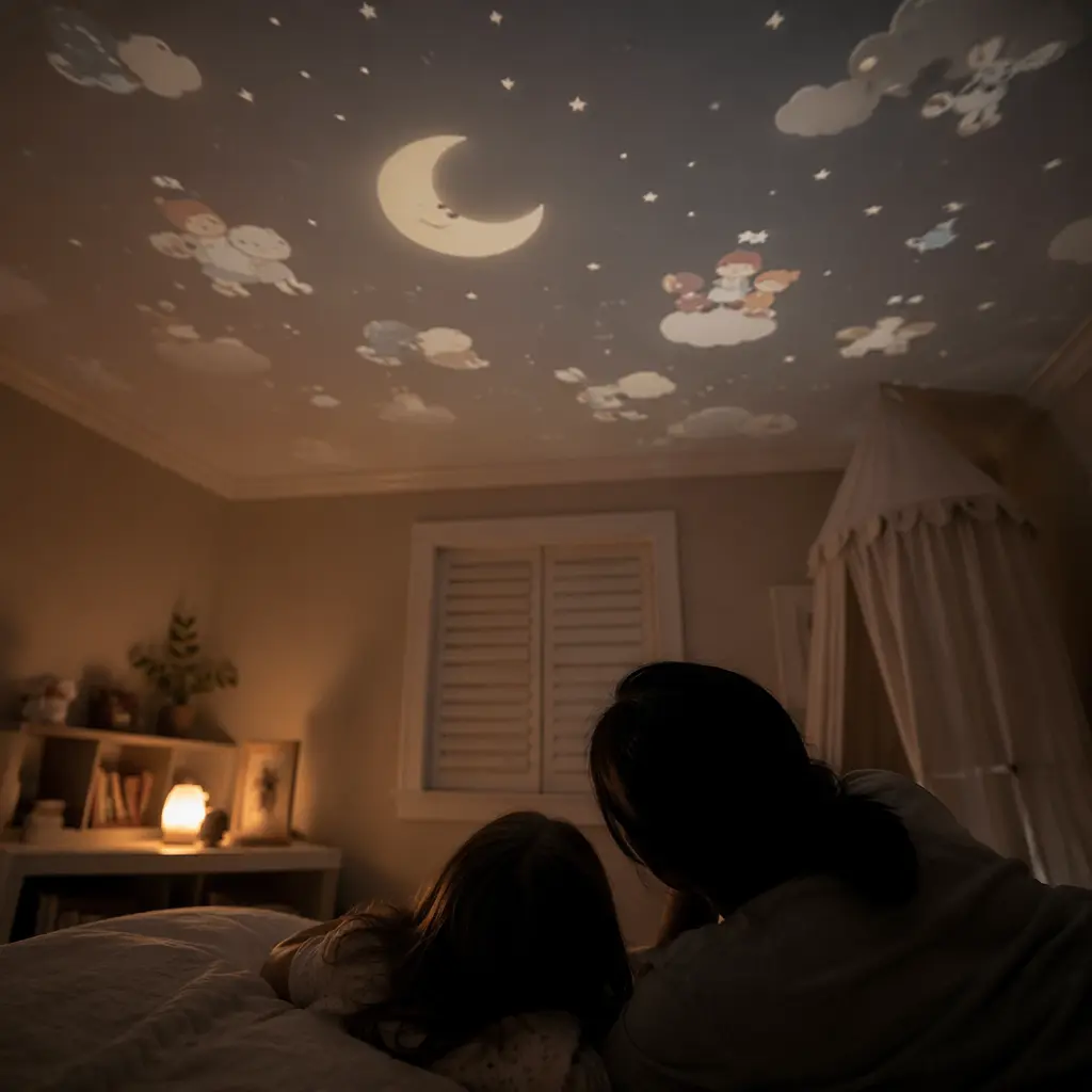 A softly lit bedroom with illustrated story scenes projected onto the ceiling at bedtime.
