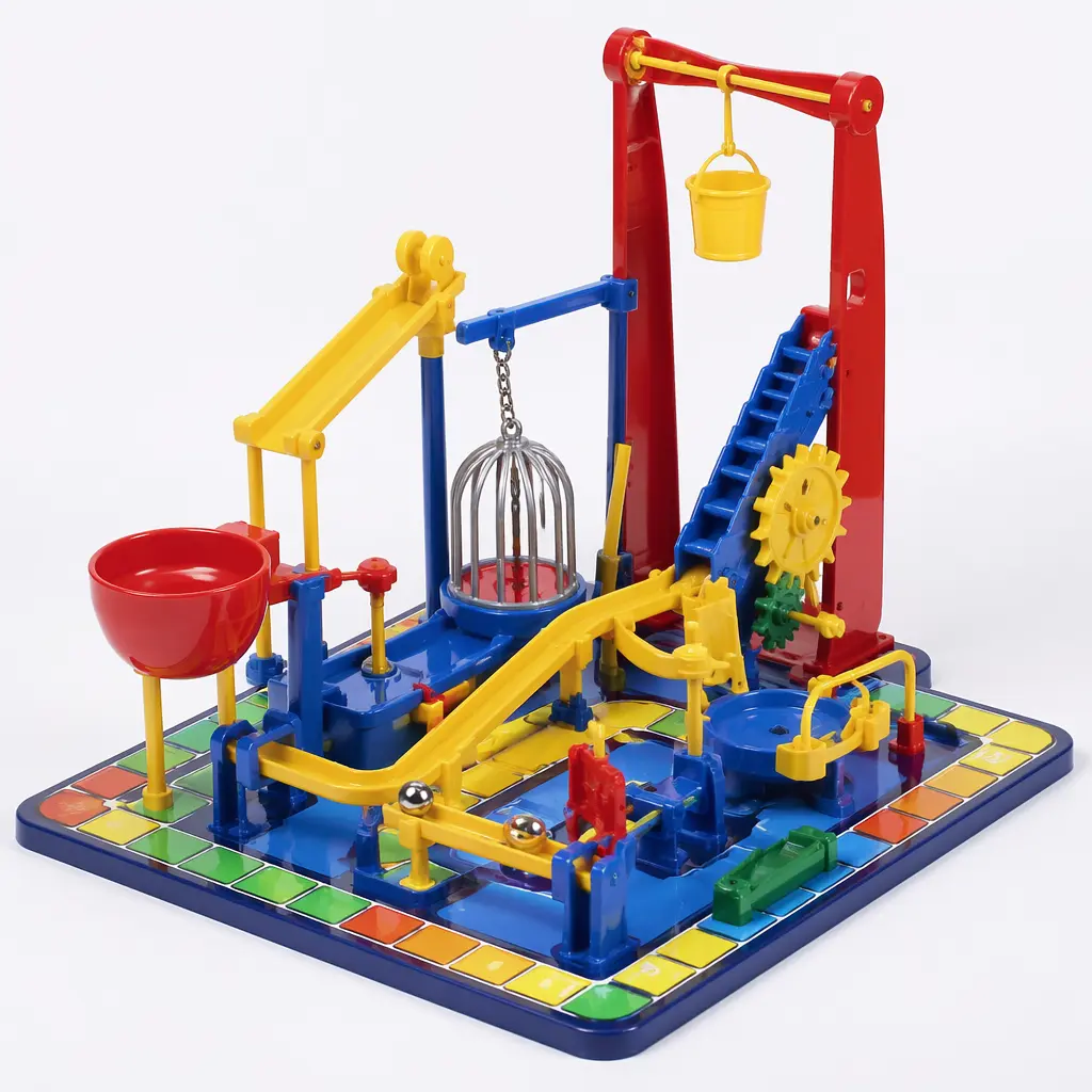 A colorful tabletop contraption board game with ramps, gears and a cage