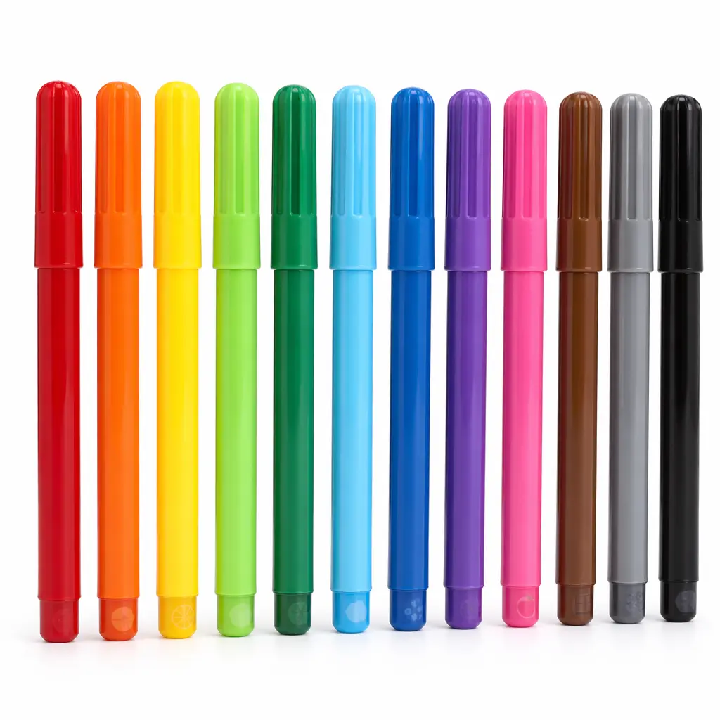 A row of colourful scented felt-tip markers arranged neatly on a white surface