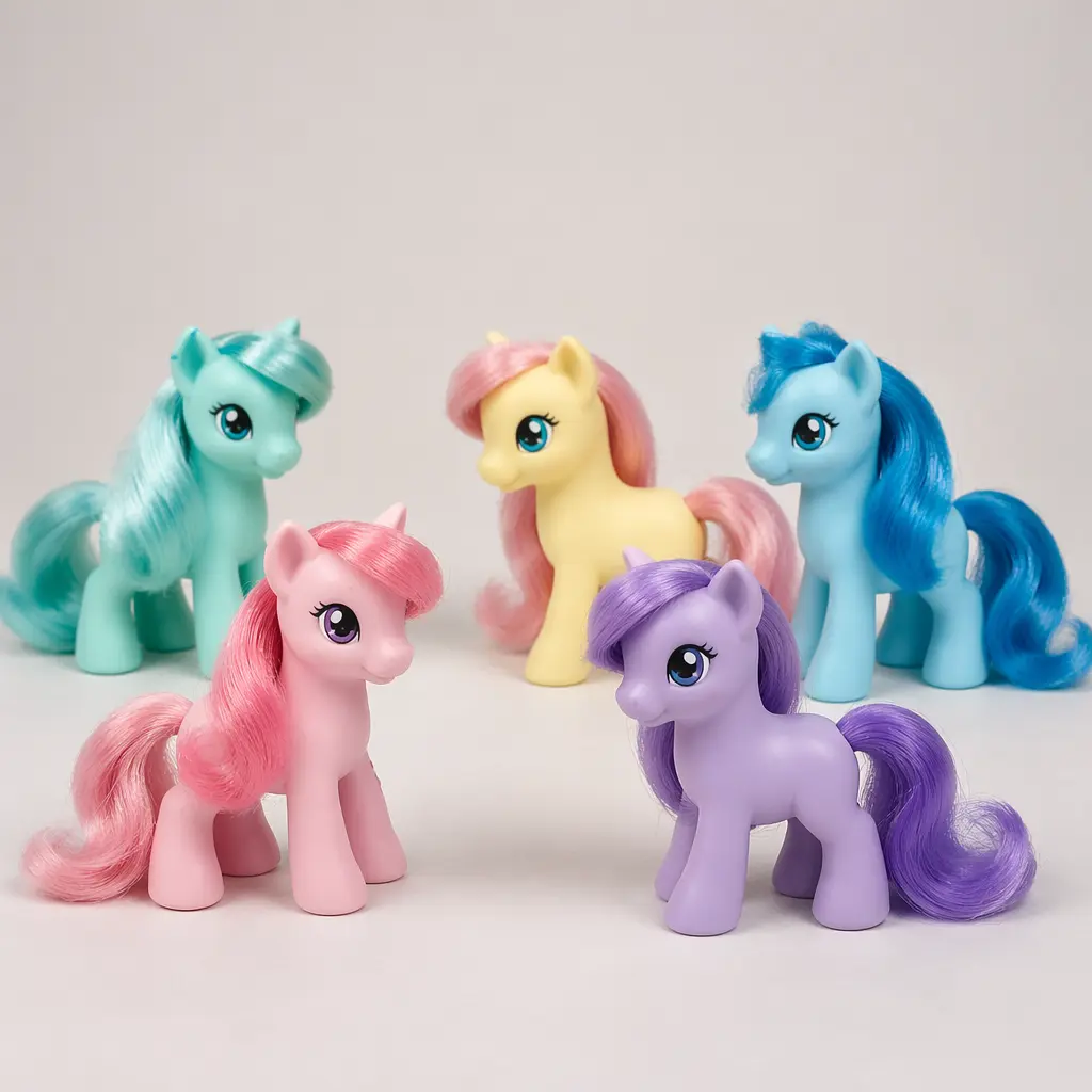 Assorted pastel toy ponies with brushable hair in a studio setting