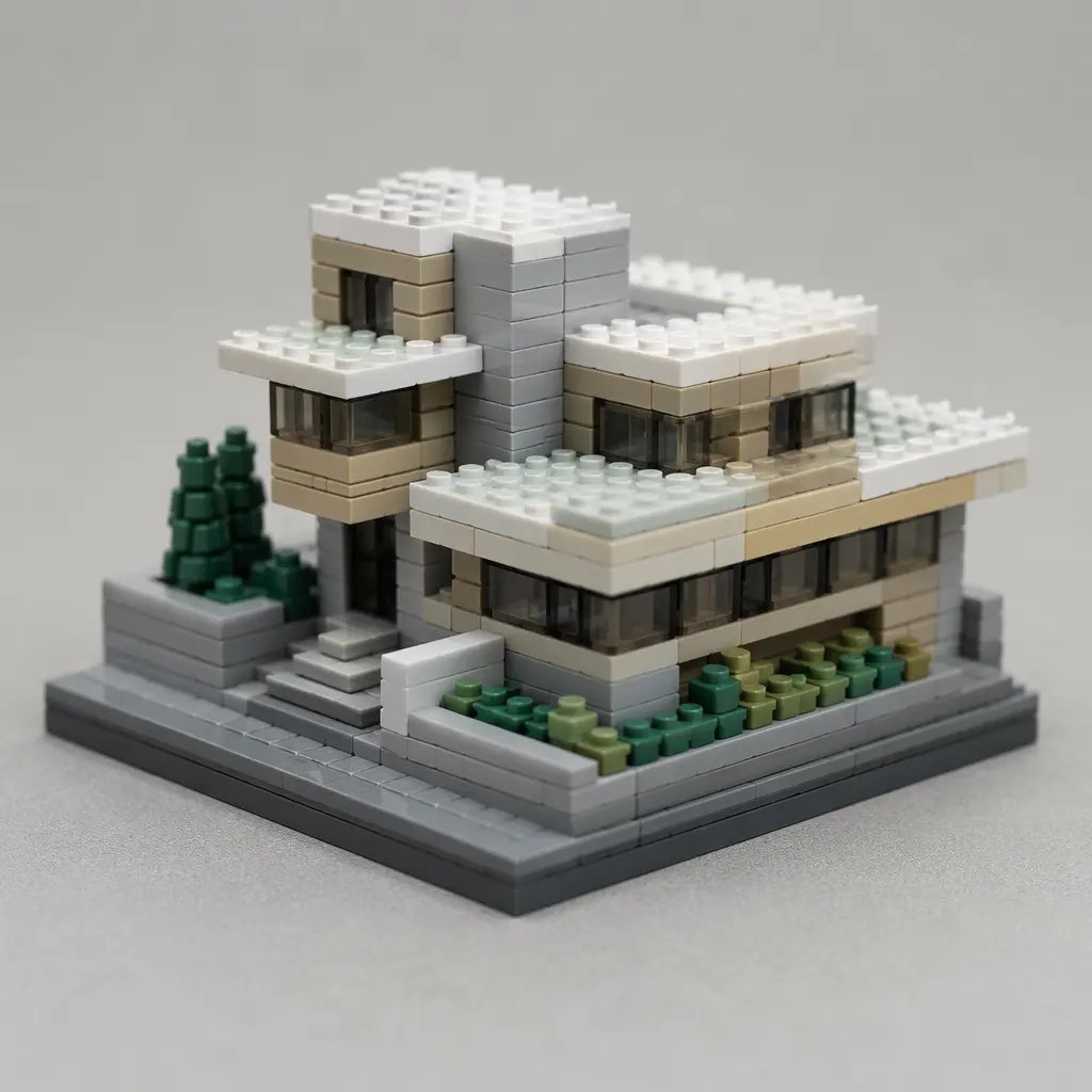 A tiny detailed building made from ultra-small construction bricks on a clean tabletop
