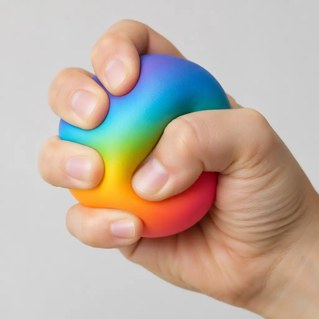 A colorful squishy stress ball being squeezed in a calm studio setting