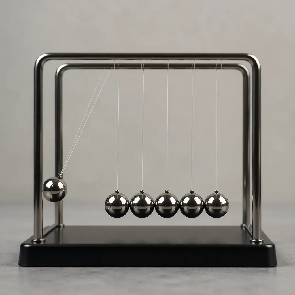 A classic Newton’s cradle with shiny metal balls suspended in a row