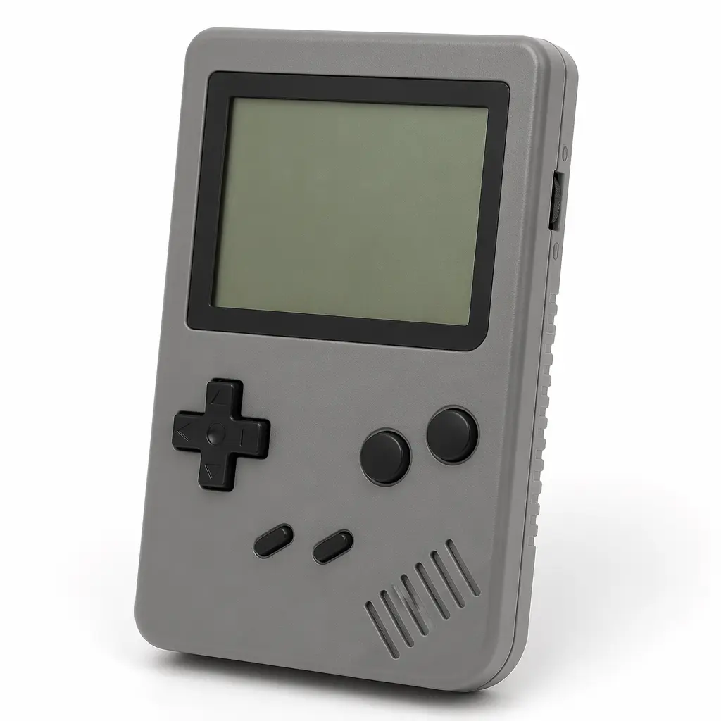 A classic gray handheld game console with a green-tinted screen
