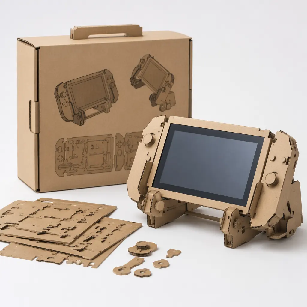 Cardboard buildable toy kit with assembled parts and a handheld game tablet